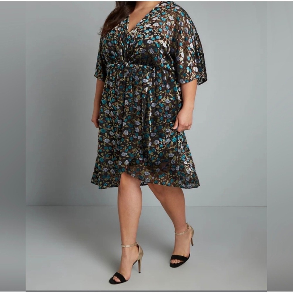 ModCloth Women 4X Black Blue Floral Burnout Velvet V-Neck High-Low Dress NWT
